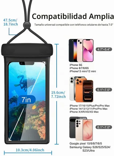 Vista 4 de wellhouse Funda impermeable 3D para teléfono con cordón, TPU de 100 pies, funda impermeable profunda para iPhone 17 16 15 14 13 12 Pro Max XS