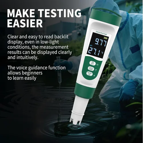 Vista 5 de Medidor de pH digital 5 en 1, con función de voz, PH/TDS/EC/Temp/Salt Pool Salt Tester, medidor de pluma impermeable y recargable para piscinas