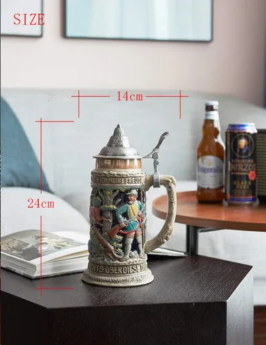 Vista 7 de HAUCOZE Taza de cerveza alemana para caza, jarras vikingas con tapa de peltre, regalos de cumpleaños para hombres, padre, marido, 0.6 litros