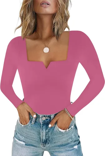 Vista 19 de Chunpin Body de manga larga para mujer, cuello cuadrado, muesca, cuello en V, traje de cuerpo de doble forro para salir, trajes de tanga Slim Fit