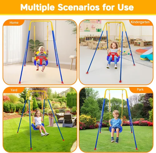 Vista 7 de Juego de columpio 4 en 1 para niños pequeños y jersey para bebé, columpio resistente para niños con rebotador, soporte plegable de metal