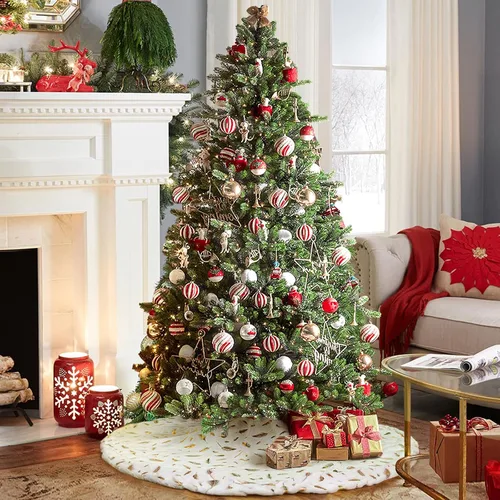 Vista 7 de NIBESSER Falda blanca para árbol de Navidad, falda de árbol de piel sintética de 48 pulgadas, alfombra de árbol de lentejuelas con plumas doradas