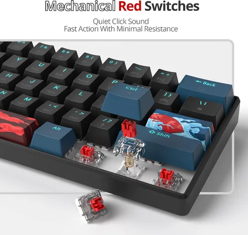 Vista 3 de Protable - Teclado mecánico 60% para juegos, mini compacto retroiluminado de 61 teclas, teclado de oficina con cable con interruptor rojo