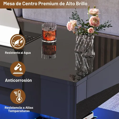 Vista 8 de 39.4" Mesa de café grande con tapa elevable, modernas mesas de café LED de alto brillo para sala de estar con almacenamiento, mesas de salón negras