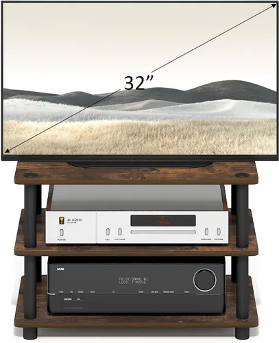 Vista 5 de Furinno Turn-N-Tube Soporte de TV, centro de entretenimiento de esquina de 3 niveles con estantes abiertos, consola de TV sin herramientas para TV