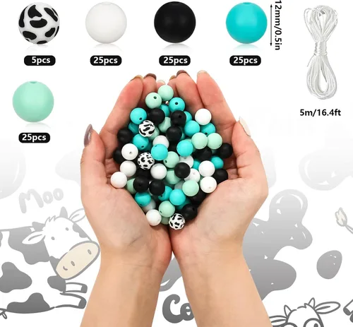 Vista 2 de Whaline 105 cuentas de silicona de 0.472 in con estampado de vaca, cuentas redondas de silicona sueltas de silicona para manualidades, collares
