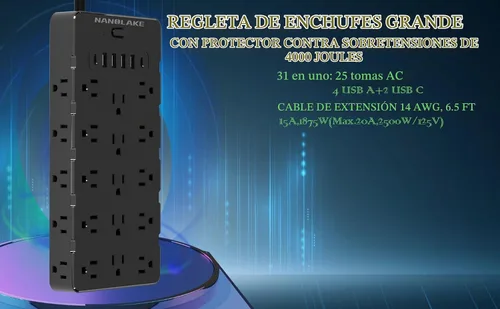 Vista 5 de Regleta de Alimentación de Protección contra Sobretensiones de Servicio Pesado - 25 Tomas de CA, 6 Puertos USB, Protección 4000J, Cable de Extensión