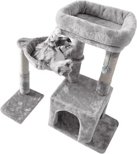 Vista 5 de Pesofer - Árbol para gatos, torre pequeña para gatos con poste de rascar de sisal y hamaca, gris claro