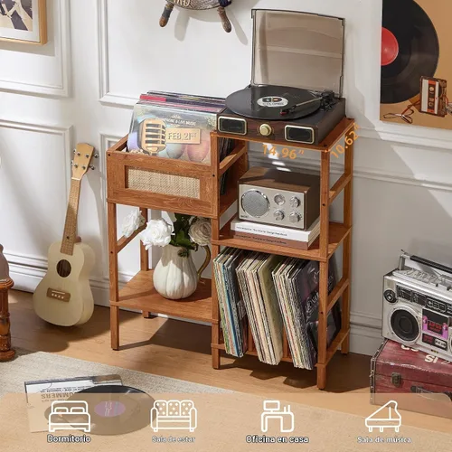 Vista 6 de LELELINKY Soporte para Tocadiscos, Soporte para Discos de Madera Marrón con Almacenamiento de Vinilo con Capacidad para hasta 300+ Álbumes, Mesa