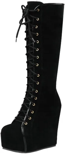 Vista 53 de Parisuit Botas góticas altas hasta la rodilla con hebilla de plataforma para mujer, tacón alto grueso, con cordones, botas de combate punk, con Negro