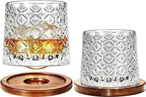 Vista 16 de Vaso de vidrio antiguo giratorio, 275ml/10oz Juego de vasos de whisky de cristal de 2 piezas, posavasos de madera, engrosamiento, utilizado como