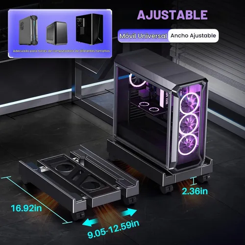Vista 2 de Soporte de torre ajustable para computadora, soporte de PC ventilado para piso, soporte de CPU móvil con 4 ruedas giratorias que se adapta a