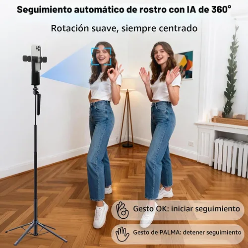 Vista 2 de Trípode para selfie con seguimiento facial automático con cardán de seguimiento inteligente desmontable, sin aplicación para disparar, kits de fotos