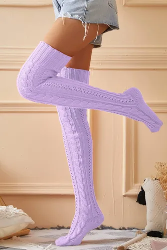 Vista 5 de HYTENSUN Calcetines de invierno de punto alto para mujer, estilo vintage, extra largos, calentadores de piernas por encima de la rodilla, medias