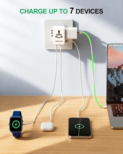 Vista 2 de Adaptador de enchufe de viaje universal de 35 W, adaptador de corriente de carga rápida de 7 puertos PD&QC (2AC y 2USB-A y 3USB-C), cargador