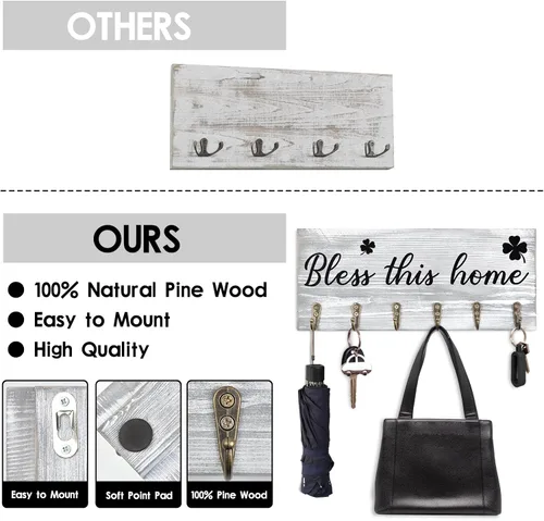 Vista 5 de Soporte de pared para llaves con palabras "Bless This Home", colgador de llaves de madera rústica con 6 ganchos para decoración de casa de campo