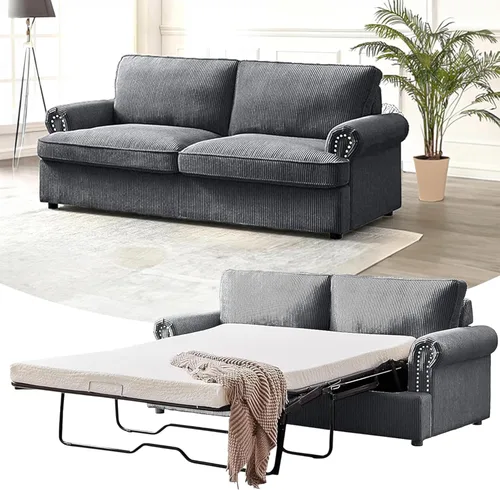 Vista 11 de Sofá cama reversible con cómodo colchón de espuma viscoelástica, sofá extraíble de pana convertible de tamaño matrimonial para sala de estar, Negro