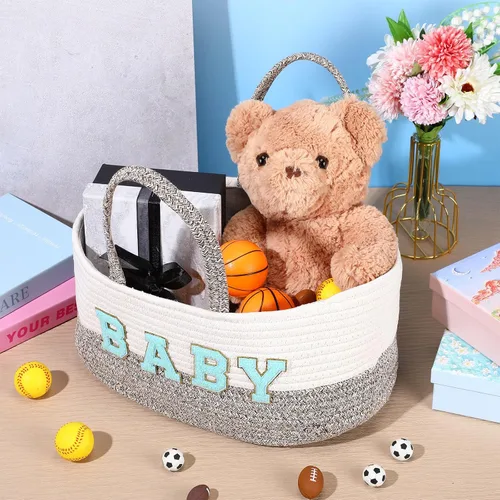Vista 7 de Beeveer Organizador de pañales con lazo portátil de cuerda de algodón, bolsa de almacenamiento para cambiador, guardería, baby shower (azul)