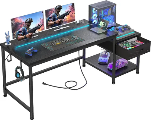 Vista 9 de DurayLoly Escritorio para juegos de 48.1 pulgadas con luces LED y tomas de corriente, escritorio reversible para computadora con cajones y estante
