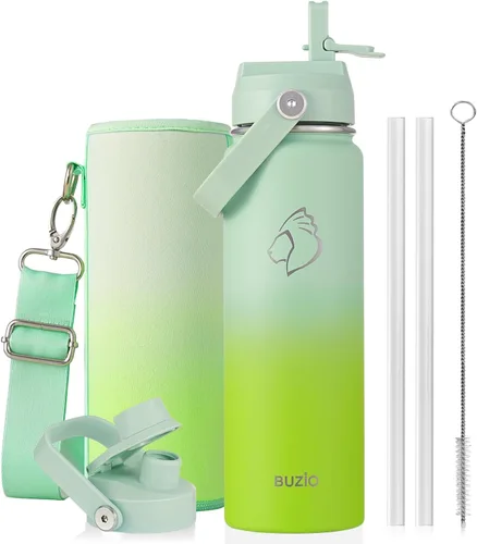 Vista 54 de BUZIO Botella de agua aislada de 24 oz, frasco de agua de boca ancha de acero inoxidable con tapa de pajita, frío durante 48 horas a prueba de Negro
