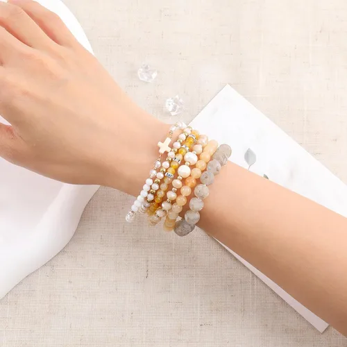 Vista 4 de Pulseras bohemias apilables de cuentas para mujer con dije de cruz, 6 pulseras elásticas de cuentas de piedra natural, cuentas de cristal de perlas
