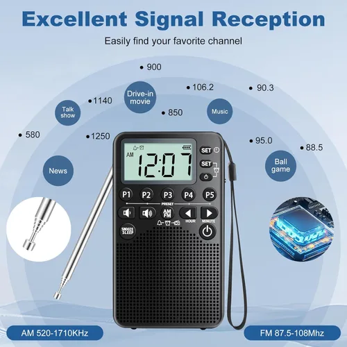 Vista 2 de Radio Portátil Operada con Pilas de Bolsillo AM/FM Sintonización Digital, Altavoz Fuerte, Excelente Recepción Radio Portátil de Emergencia y al