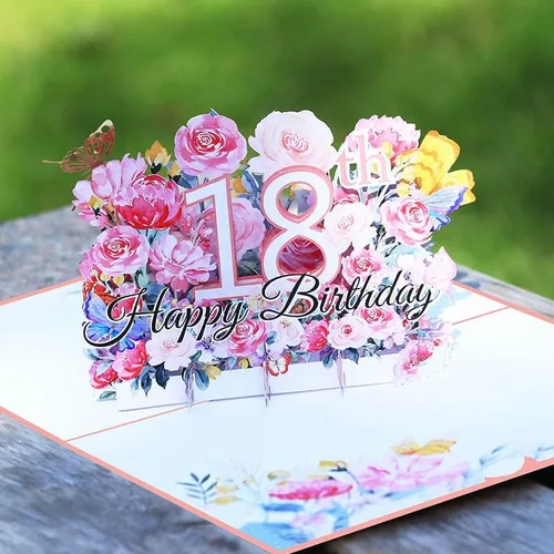 Vista 6 de Tarjeta desplegable de cumpleaños número 18, tarjeta de felicitación de flores 3D para mujer Tarjeta de cumpleaños número 18