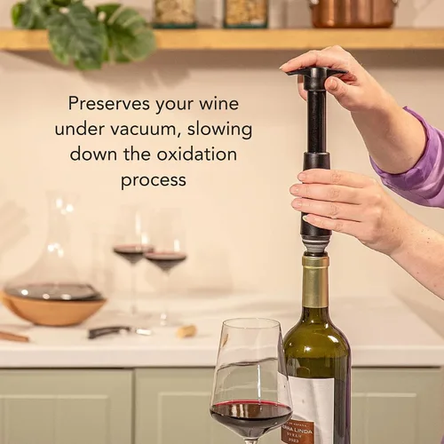 Vista 4 de Vacu Vin Conservador de Vino Original con 1 Tapón de Botella al Vacío – Bomba Conservadora de Vino de Color Negro para Vino Tinto o Blanco – Sistema