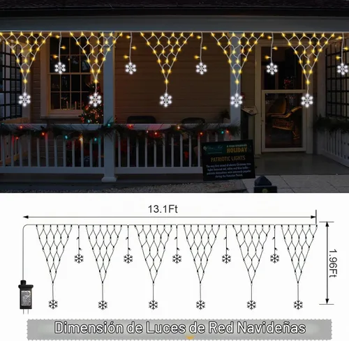 Vista 6 de DBFAIRY Red de luces de Navidad para exteriores, 207 luces LED de red de 13.1 pies de largo x 1.9 pies de alto, con 12 copos de nieve colgantes Copo