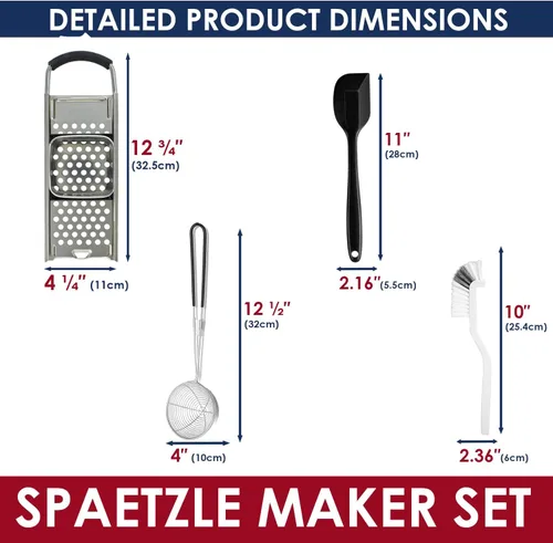 Vista 6 de Spaetzle Maker de acero inoxidable con mango de agarre cómodo, prensa Spaetzle con colador de araña, espátula de silicona y cepillo de limpieza