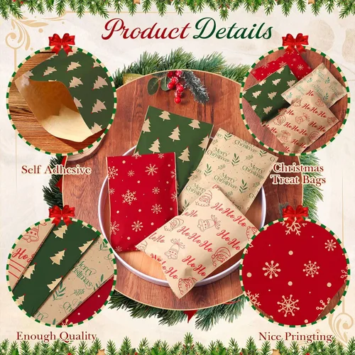 Vista 4 de Pasimy 100 bolsas de papel kraft de Navidad autoadhesivas, a la moda