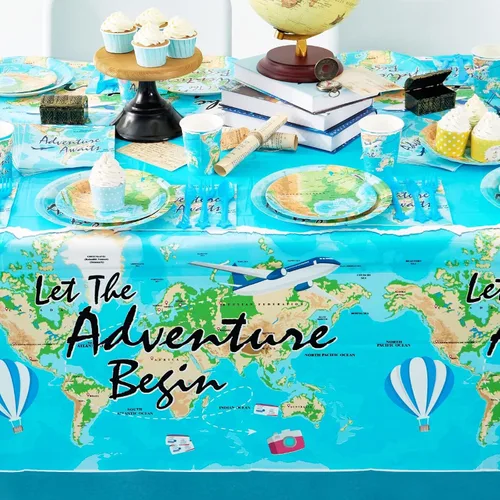 Vista 2 de WERNNSAI Mantel de viaje – 1 mantel de 108 x 54 pulgadas con mapa del mundo Adventure World Awaits Bon Voyage - Decoraciones de fiesta