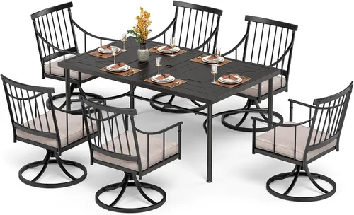 Vista 12 de PHI VILLA Juego de mesa de comedor para patio de 7 piezas con cojín para 6, mesa grande rectangular de metal para exteriores con orificio para Silla