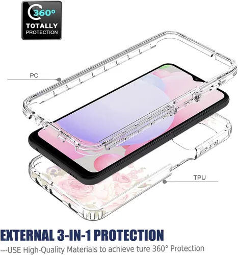 Vista 7 de Funda para Galaxy A13 4G/A13 LTE 4G SM-A135F con protector de pantalla de vidrio templado, cuerpo completo, diseño floral, a prueba de golpes, funda
