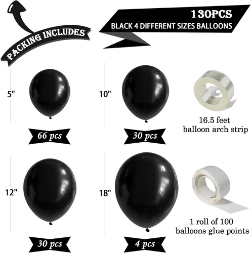 Vista 3 de Kit de arco de guirnalda de globos negros de 130 piezas, diferentes tamaños de 18, 12, 10 y 5 pulgadas, kit de globos de látex para fiesta