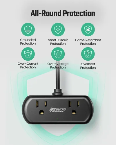 Vista 7 de SUPERDANNY - Cable de extensión de 2 pies, mini protector de sobretensiones con 2 tomas de corriente espaciadas amplias, tira de alimentación USB, 3