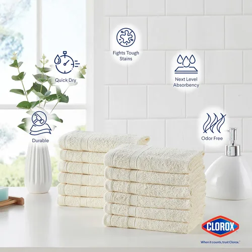 Vista 4 de CLOROX Toallitas de baño 100% algodón aptas para usar blanqueador, de secado rápido (12" x 12"), altamente absorbentes, suaves y ligeras, ideales