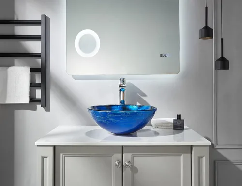 Vista 3 de Blue OceanMystery Series - Fregadero de baño de vidrio templado decorativo en azul estrellado Fregaderos de montaje superior sobre encimera