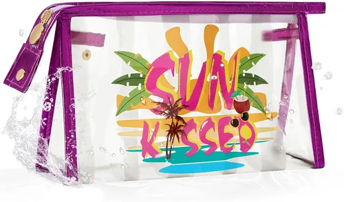 Vista 12 de COSHAYSOO Bolsa de Maquillaje Transparente con Protección Solar, Bolsa de Protector Solar con Parches de Letras, Accesorios Esenciales de Playa