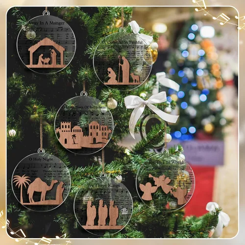 Vista 6 de CroBlissful Paquete de 24 Adornos de Escena de la Natividad Navideña Regalos a Granel de Madera Transparente Historia de la Natividad Música Adornos