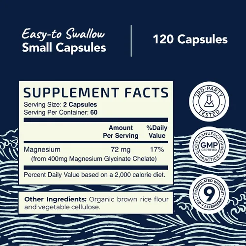 Vista 3 de Glicinato de magnesio 400 mg (120 unidades) y citrato de magnesio 500 mg (60 unidades) Alta absorción, calma, relajación, digestión y apoyo