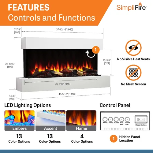 Vista 5 de SimpliFire Format Chimenea eléctrica de montaje en pared de 36 pulgadas con repisa flotante de 43 pulgadas (SF-FORMAT36-SF-FM43-WH)