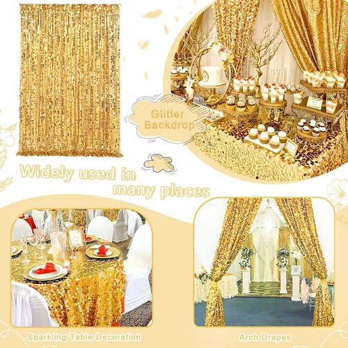 Vista 4 de Telón de fondo de lentejuelas Big Payette de 4 x 8 pies, cortinas de tela con purpurina dorada para decoración de fiesta de cumpleaños, baby shower