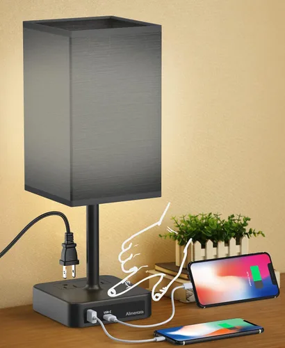Vista 10 de Lámpara de mesa de noche con control táctil y puertos de carga USB C+A, lámpara de escritorio LED con 2 salidas de CA, luz minimalista para mesita