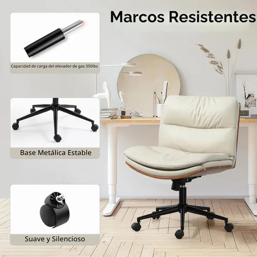 Vista 5 de Silla de oficina moderna sin brazos de nogal con ruedas, silla ejecutiva de cuero PU ajustable de giro amplio, silla de computadora ergonómica