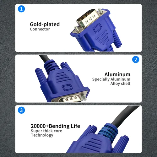 Vista 4 de Paquete de 3 cables VGA a VGA, cable HD15 macho a macho de 10 pies para monitor de computadora de TV con conector azul 3Pack 10Ft HD15 VGA male to