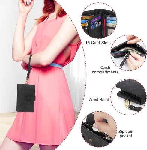 Vista 2 de Billeteras con bloqueo RFID para mujer, de gran capacidad, de cuero suave, cartera pequeña con correa para la muñeca, Negro -, Casual