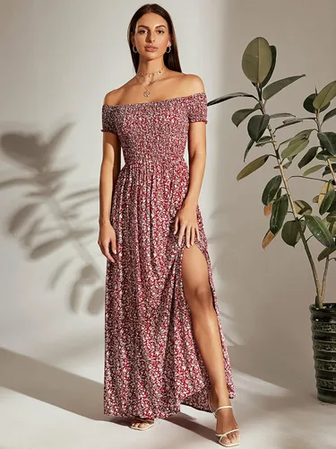 Vista 4 de MakeMeChic Vestido largo de verano con estampado floral bohemio y hombros descubiertos para mujer