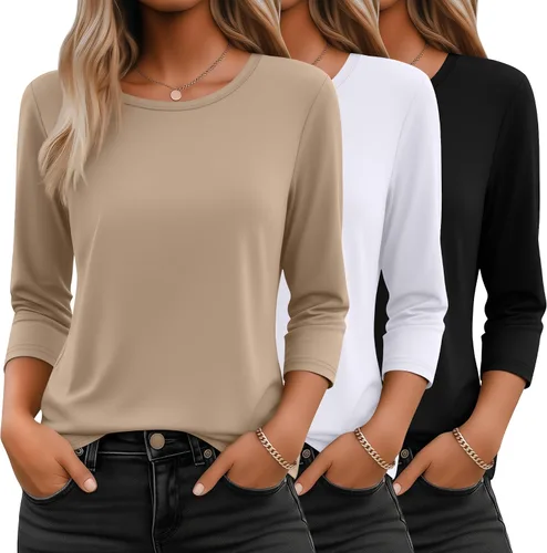 Vista 29 de Ficerd Paquete de 3 camisetas de manga 3/4 para mujer, cuello redondo, camisetas básicas elegantes, casuales, modernas, holgadas