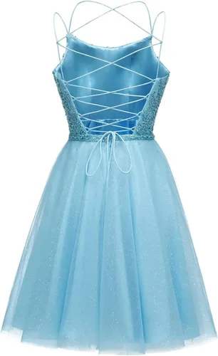 Vista 2 de Vestidos cortos de tul para adolescentes tirantes delgados vestido de graduación mini vestido de cóctel brillante